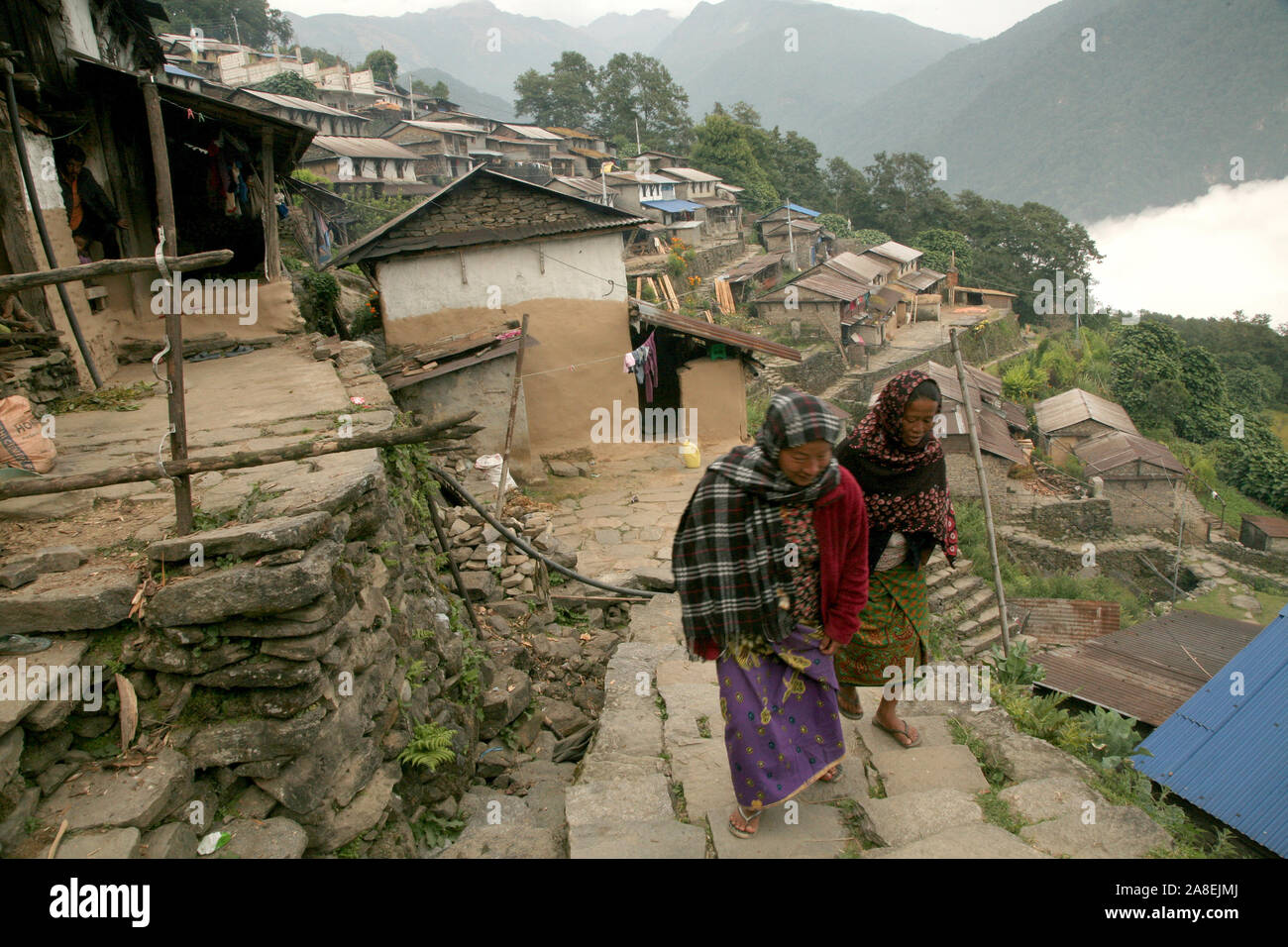 Gli abitanti di un villaggio a piedi attraverso Sikles, Himalaya, Nepal Foto Stock