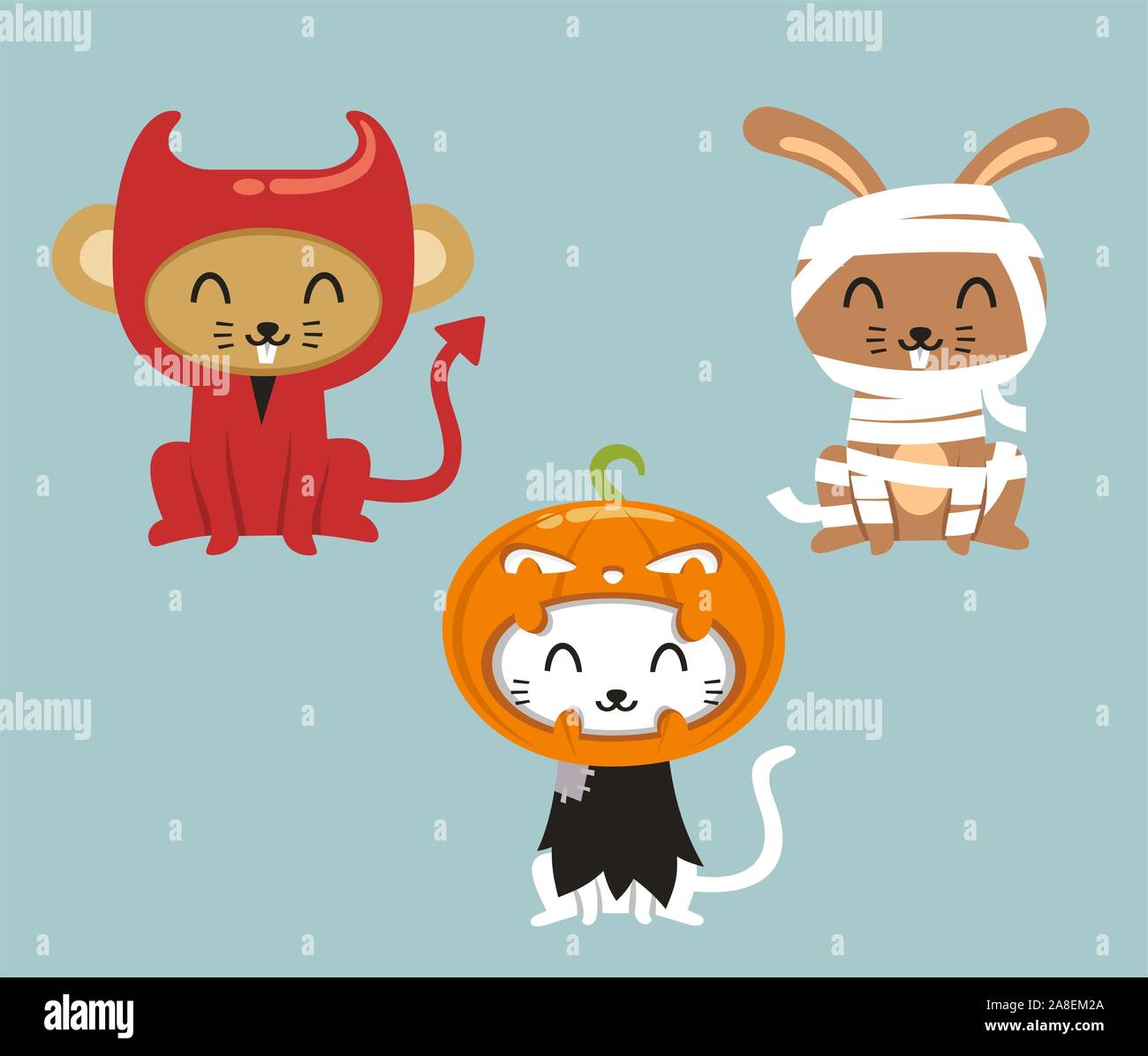 Gli animali di Halloween cat, la lepre e il mouse in costumi cartoon Illustrazione Vettoriale