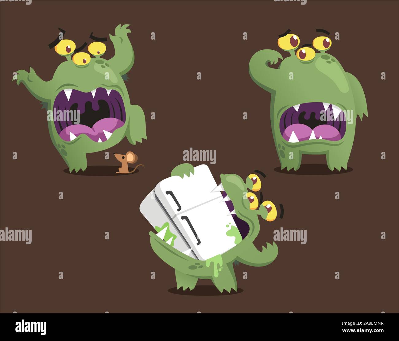 Green monster cartoon azione impostata illustrazione vettoriale Illustrazione Vettoriale