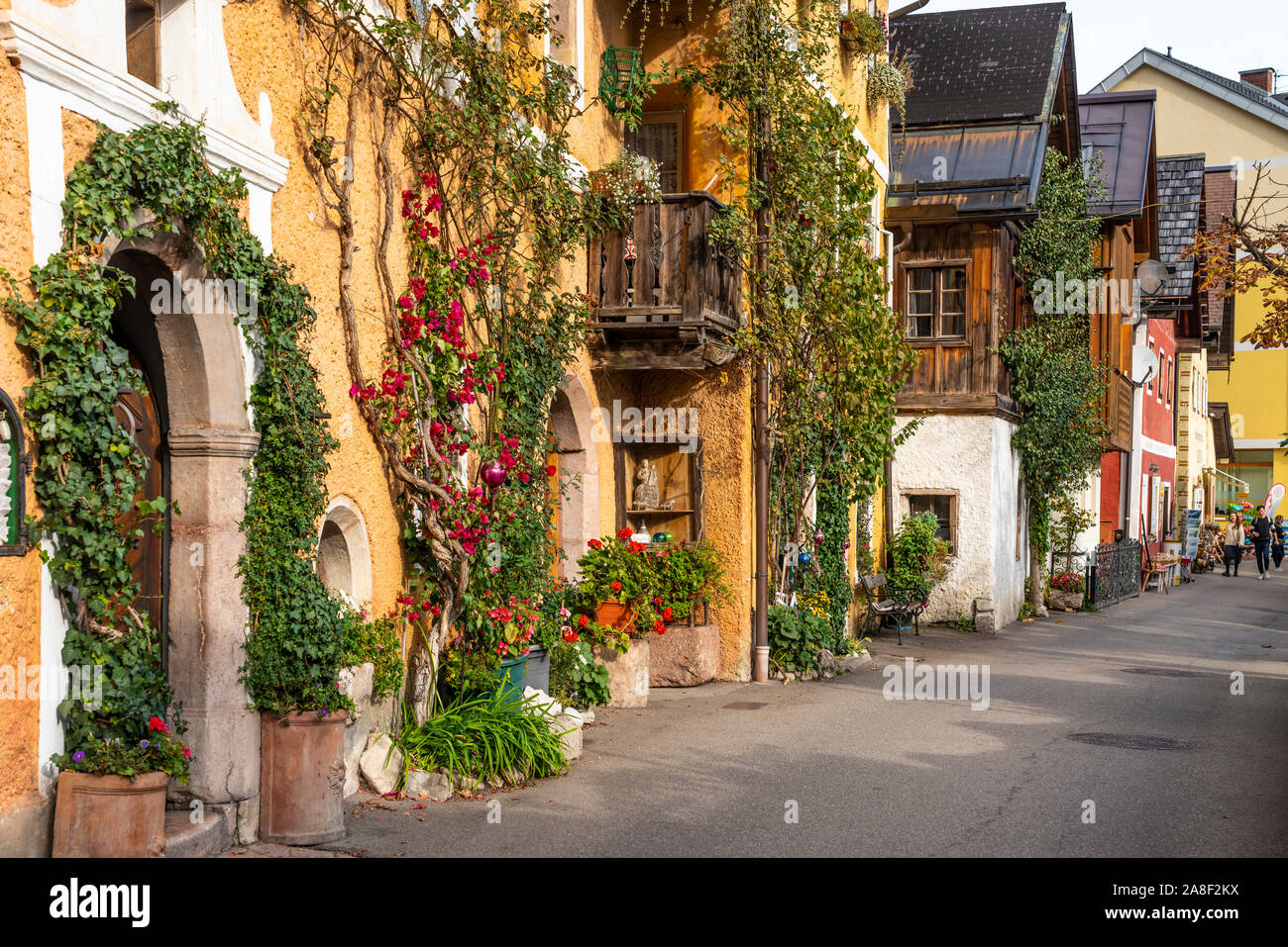Una strada con vitigni decorativi ed edifici di Hallstatt, Austria, l'Europa. Foto Stock