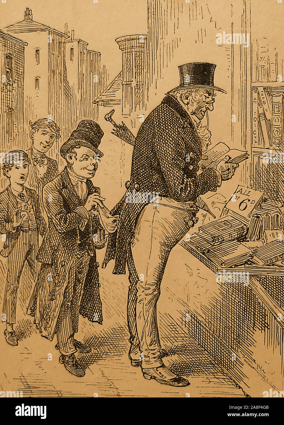1885 Illustrazione - Oliver Twist la storia di un orfano Oliver Twist, che viene venduto in apprendistato con un impresario. Dopo la fuga egli si reca a Londra dove incontra il 'evasore Artful', un membro di una gang di novellame di borseggiatori guidato da un anziano rogue Fagin.Oliver Twist è scioccata quando l'evasore Artful ruba il signor Brownlow il fazzoletto all'edicola.(Charles Dickens) Foto Stock