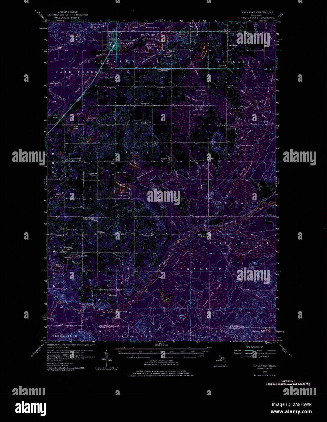 USGS TOPO Map Michigan MI Kalkaska 278247 1956 62500 invertiti Foto Stock