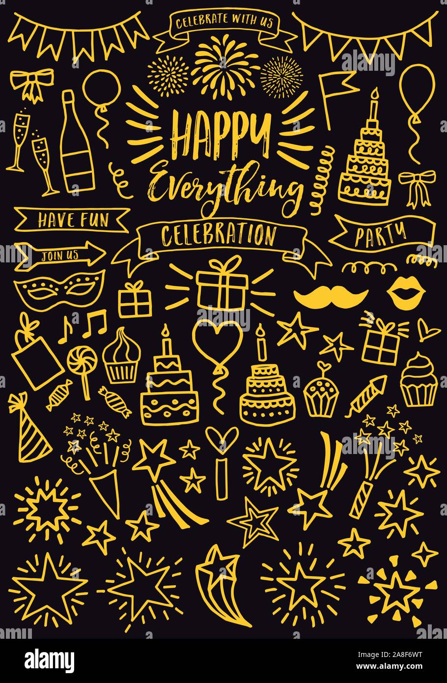 Celebrazione, festa, compleanno, il giorno di San Valentino doodle, set di vettore d'oro gli elementi di design Illustrazione Vettoriale