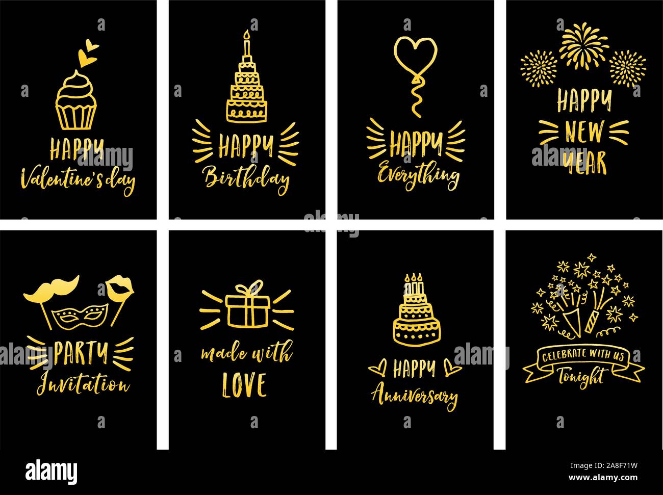 Celebrazione, compleanno, il giorno di San Valentino, carte oro, set di vettore di elementi di design grafico Illustrazione Vettoriale