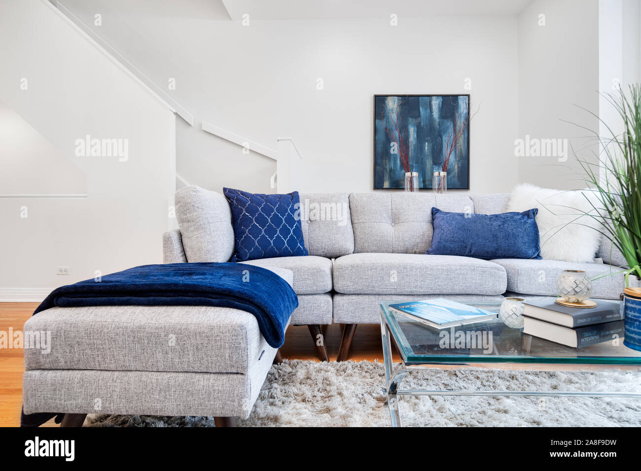 Un lussuoso appartamento nel centro di Chicago con un bellissimo soggiorno che è decorato con un moderno ma comodo touch. Foto Stock