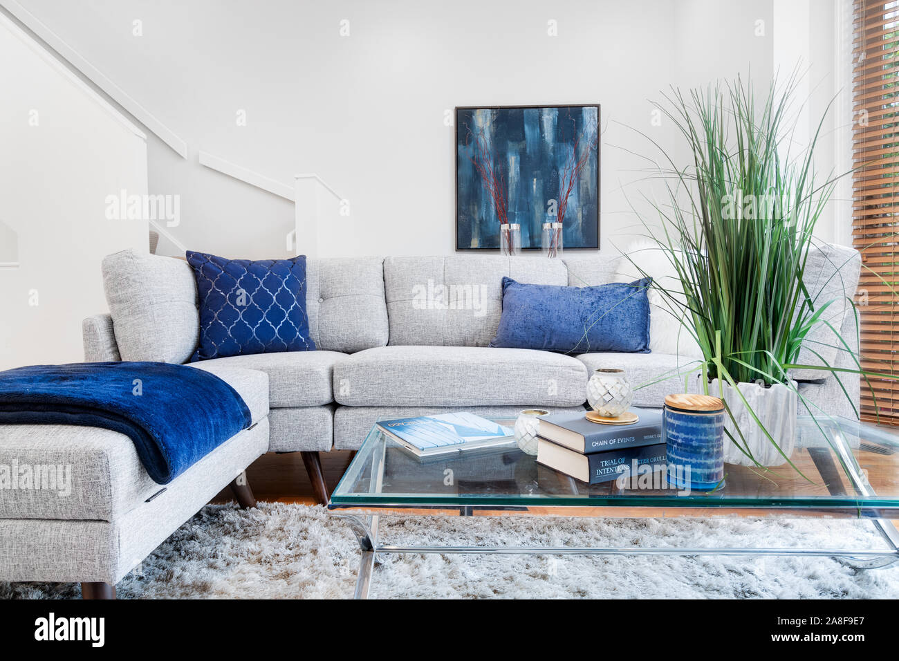 Un lussuoso appartamento nel centro di Chicago con un bellissimo soggiorno che è decorato con un moderno ma comodo touch. Foto Stock