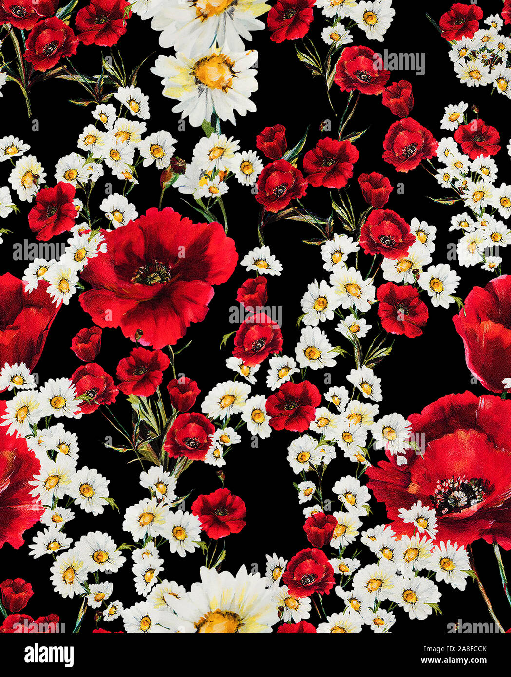 Seamless motivo floreale con fiori di colore rosso e daisy bianca su sfondo nero. Pronto per la stampa tessile. Foto Stock
