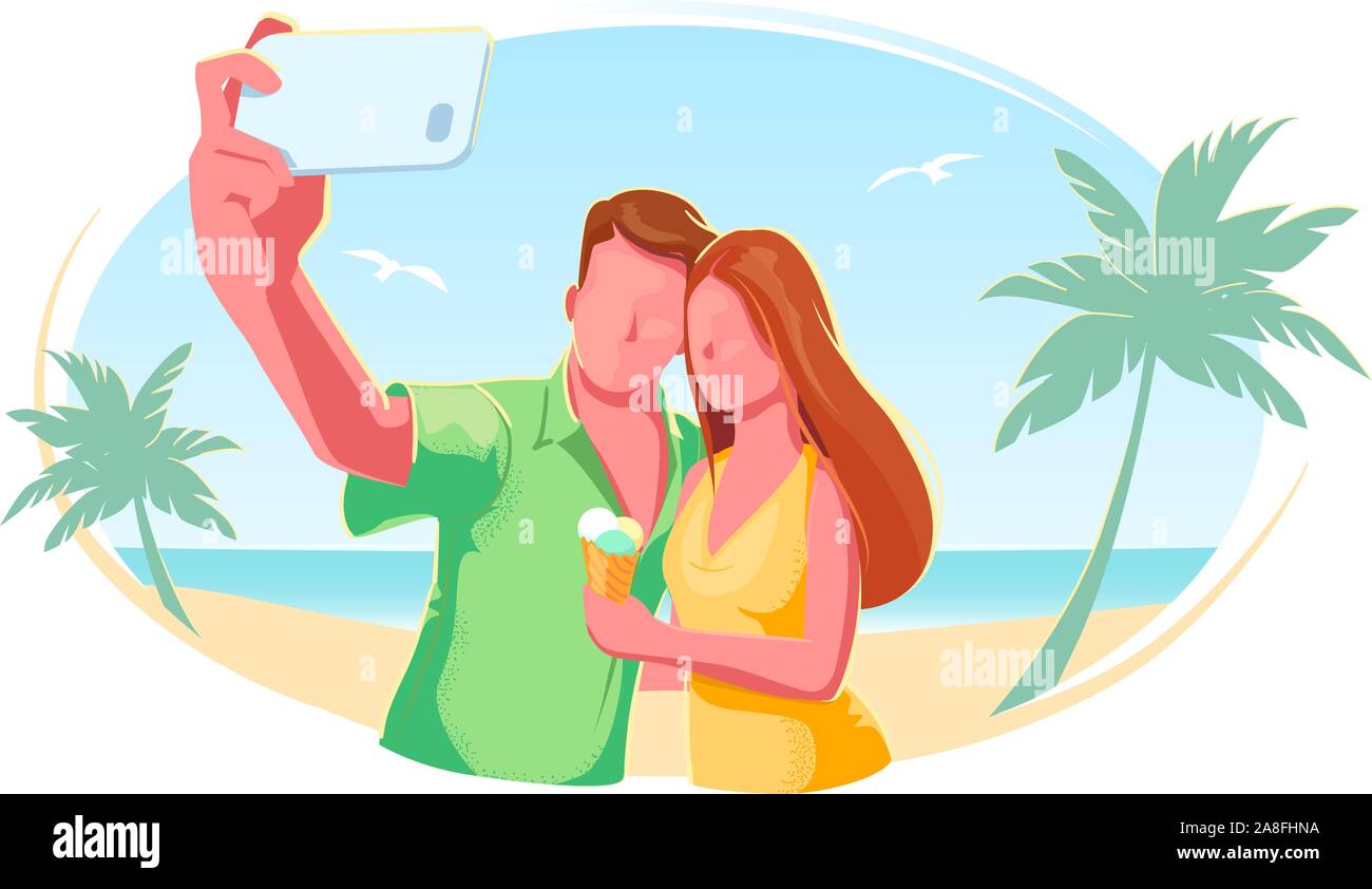 Spiaggia giovane selfie piatta isolata di vettore illustrazione. Vacanza, luna di miele, il concetto di turismo. Viaggio estivo banner. Amici outdoor lifestyle moderno design. Mare tropicale su sfondo bianco. Illustrazione Vettoriale