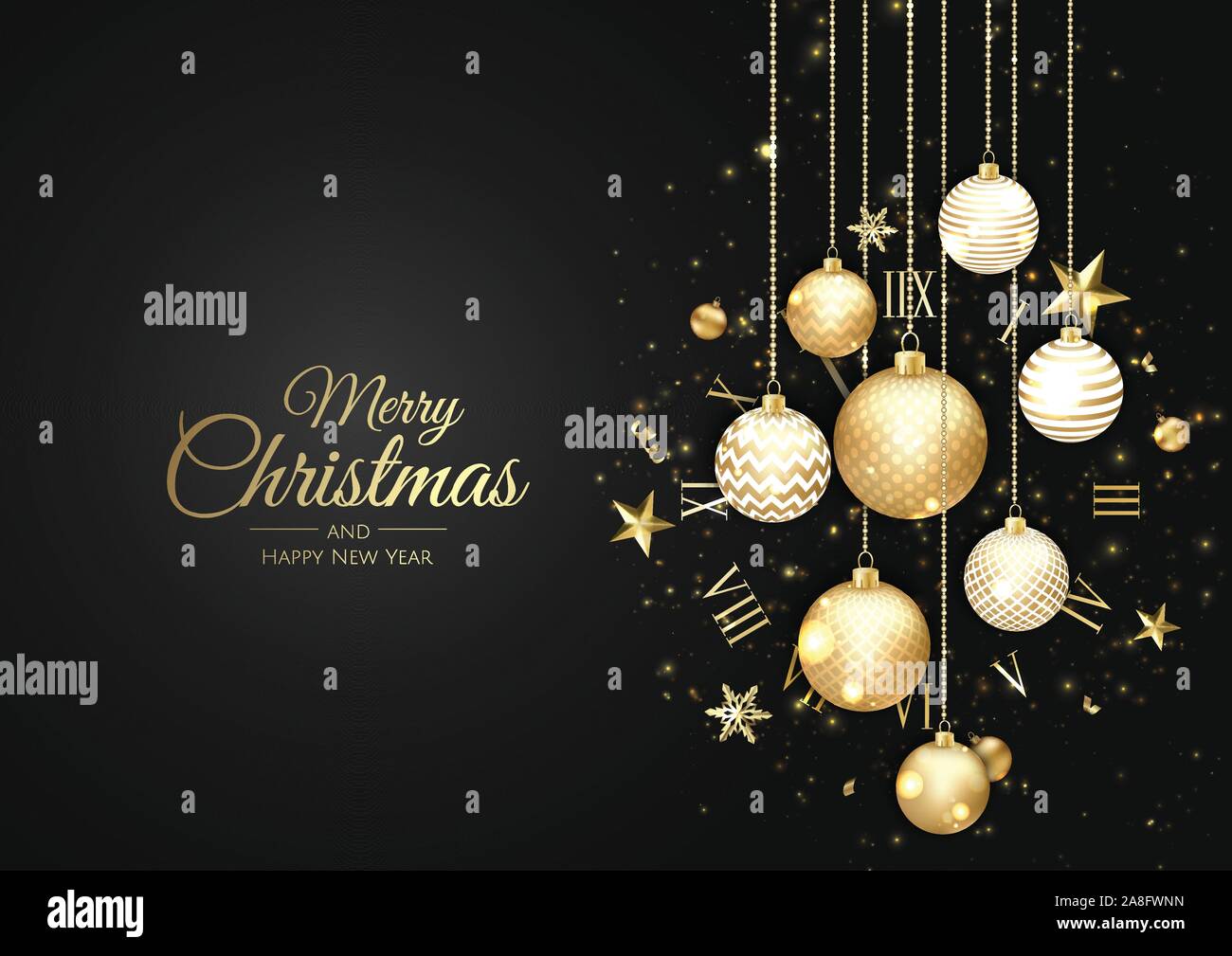 Anno nuovo poster con golden palla di Natale e orologio. Illustrazione Vettoriale