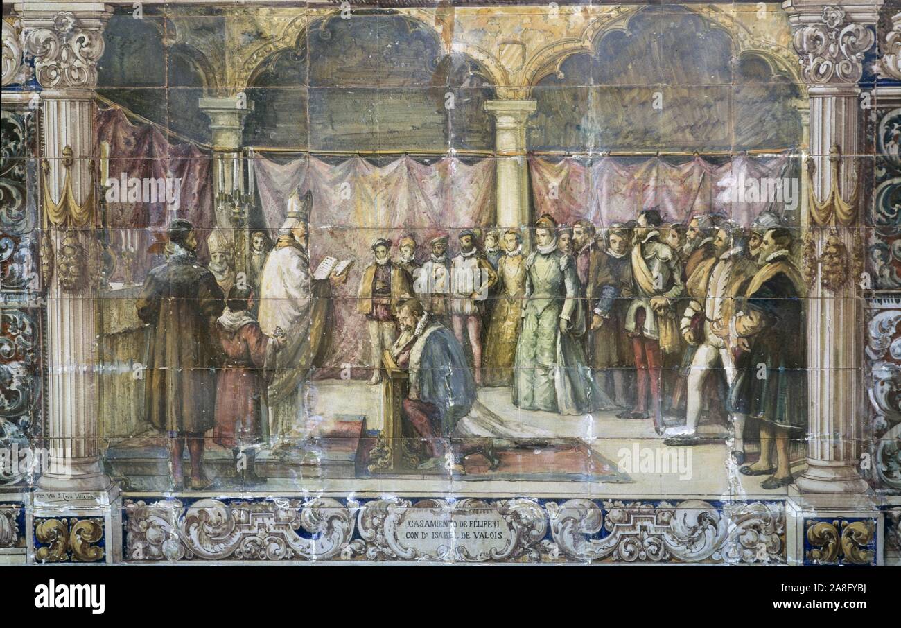 FELIPE II REY DE ESPAÑA. 1527-1598. ' BODA con Isabel de Valois ' AZULEJOS DE LA PLAZA DE ESPAÑA de Sevilla . Foto Stock