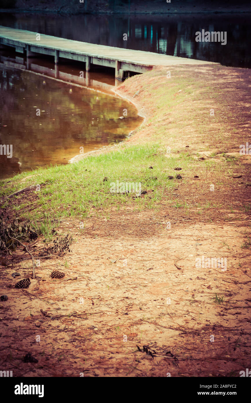 Un avvolgimento lato acqua percorso attraverso i pini conduce a una passerella di legno con acqua riflettente per una soluzione pacifica del Sud giorno Mississippi Foto Stock