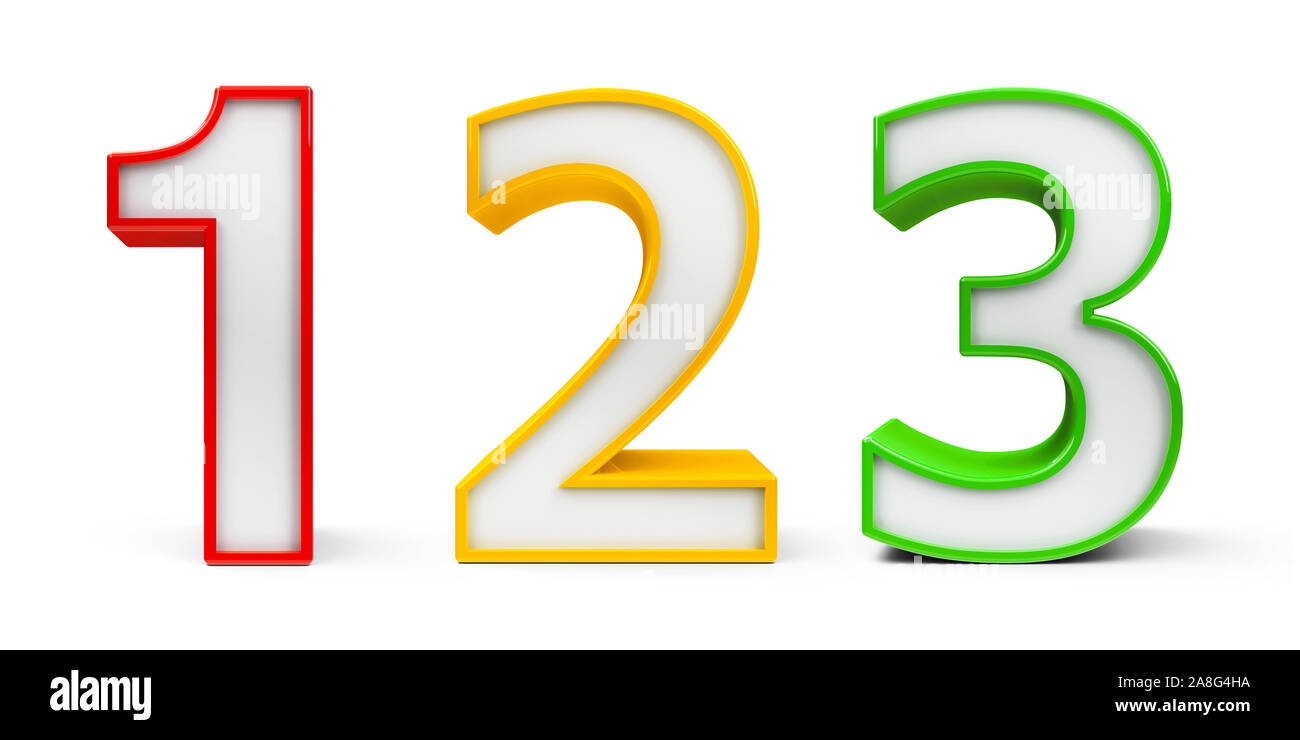 I numeri 1, 2, 3 (uno, due, tre) di colori diversi isolati su sfondo  bianco, tridimensionale, rendering 3D illustrazione Foto stock - Alamy