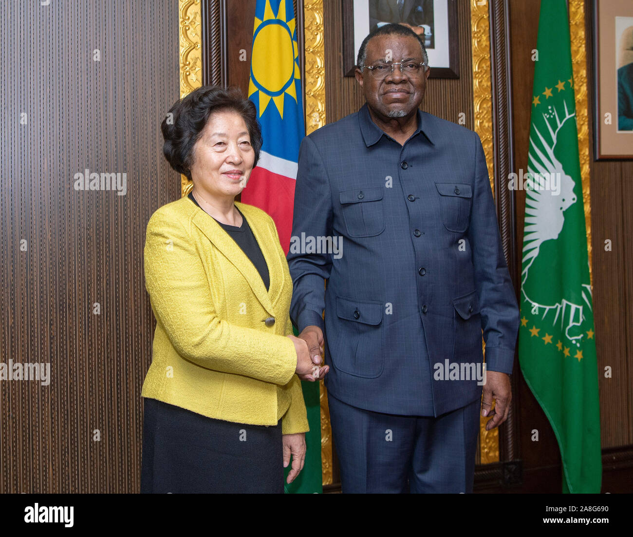 A Windhoek, Namibia. 8 Novembre, 2019. Il Presidente della Namibia Hage Geingob si incontra con i cinesi in visita il Vice Premier Sun Chunlan a Windhoek, Namibia, nov. 8, 2019. Credito: Chen Cheng/Xinhua/Alamy Live News Foto Stock