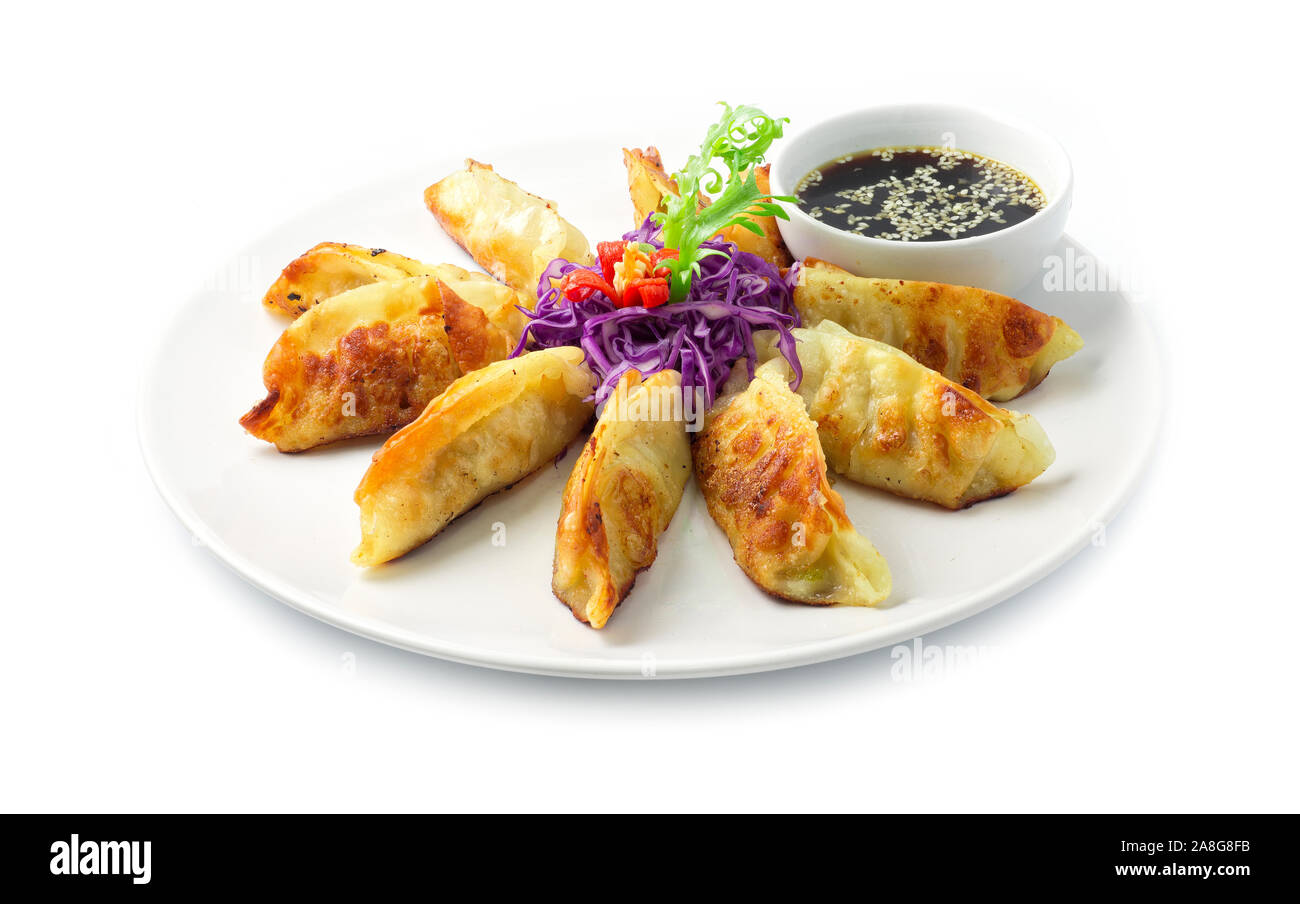 Gyoza gnocco fritto con salsa di stile Giapponese tradizionale antipasto goodtasty per parte del tempo di vacanza vista laterale Foto Stock