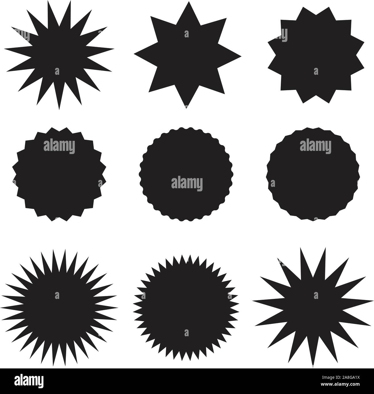 imposta le etichette nere su sfondo bianco. adesivi, etichette e sunburst neri starbburst. stile piatto. badge sunburst per il design del tuo sito web, Illustrazione Vettoriale