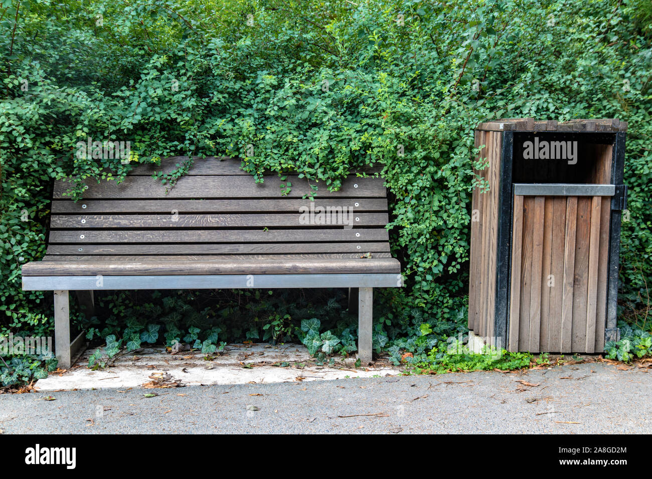 Vuota una panca in legno con un bidone dei rifiuti accanto al modo con la macchia verde intorno a. Foto Stock