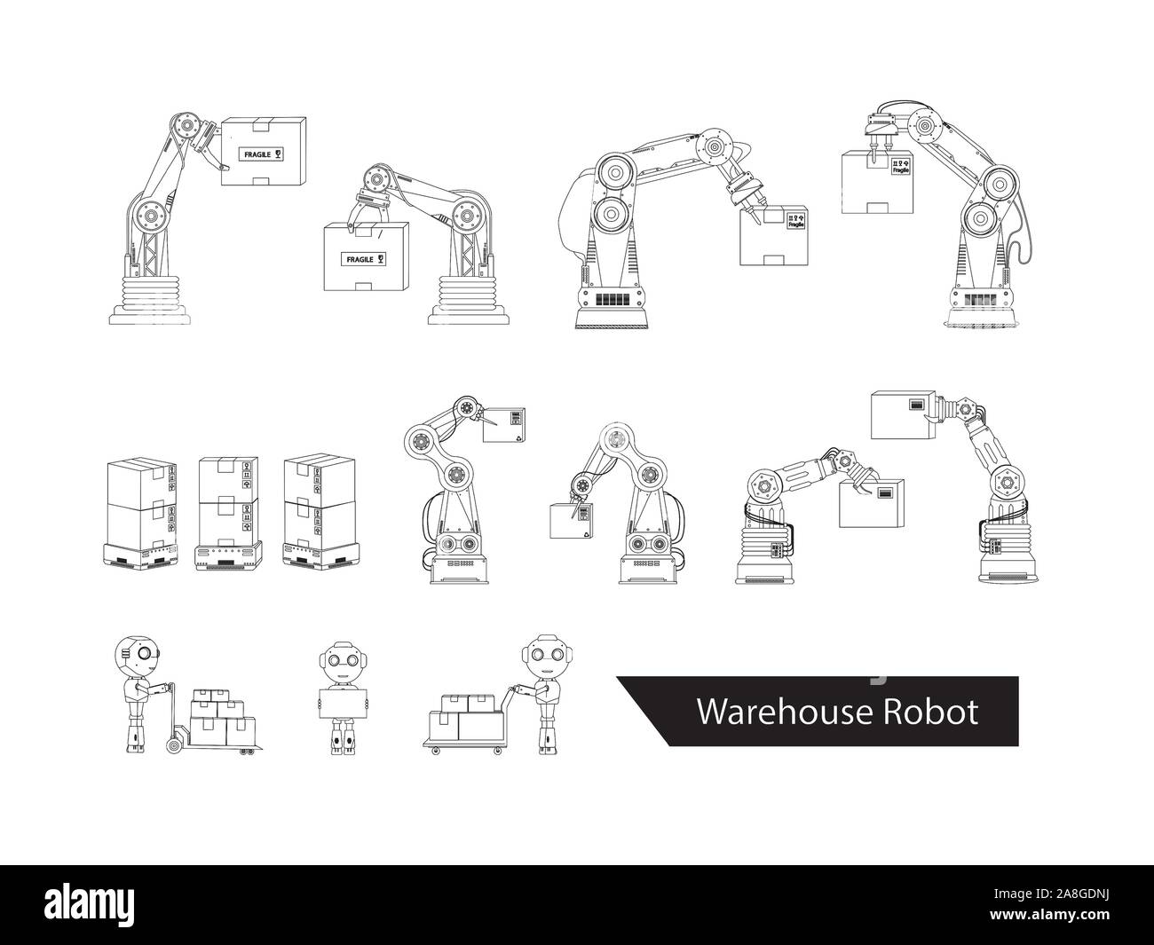 Serie di robot di magazzino isolato di contorno illustrazione vettoriale Illustrazione Vettoriale