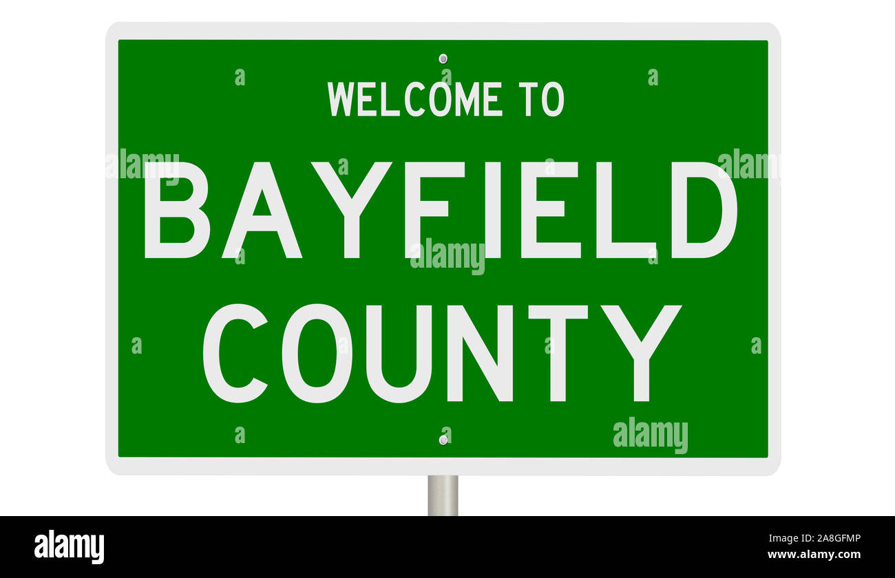 Il rendering di un verde 3d autostrada segno per Bayfield County Foto Stock