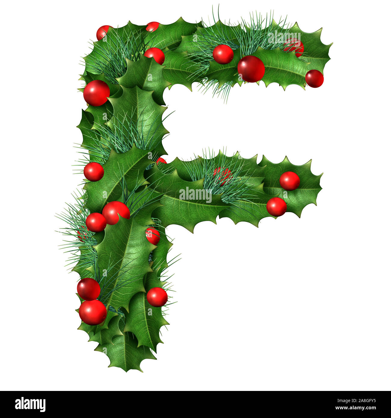 Holiday font Letter F come una festosa stagione invernale ghirlanda decorata come un Natale o Capodanno stagionali scritte in alfabeto isolate su un bianco. Foto Stock