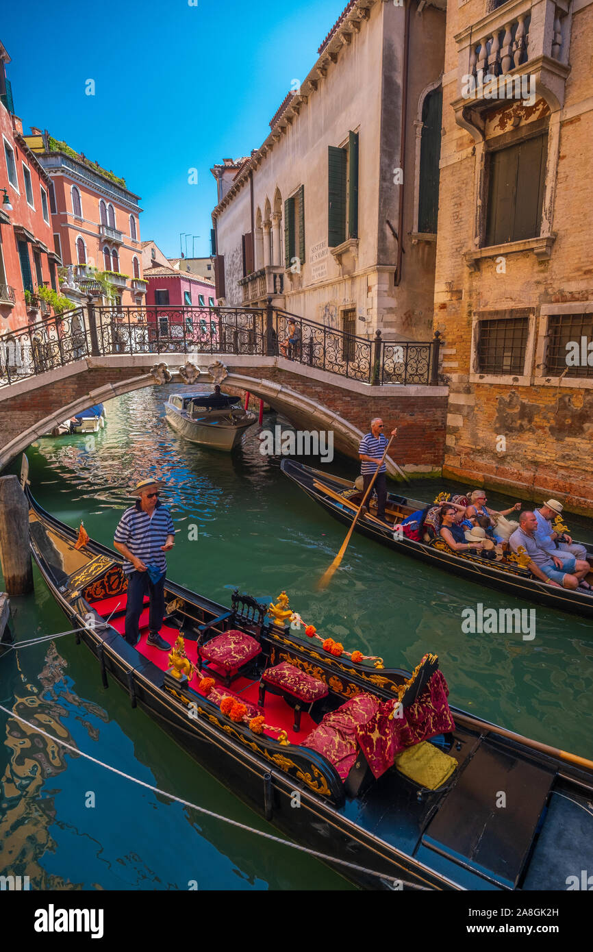 Venezia, Italia - 3 Agosto 2019: equitazione Gandolier turisti in gondola al giorno d'estate e di sole Foto Stock