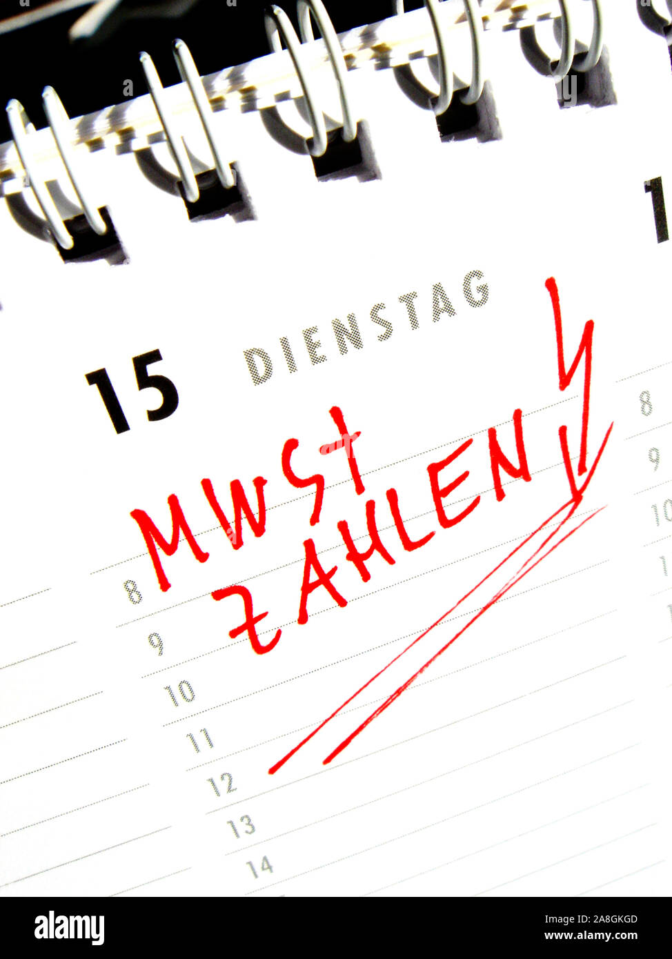 Eintrag im Kalender, Mwst. zhalen, Mehrwertsteuer, Foto Stock