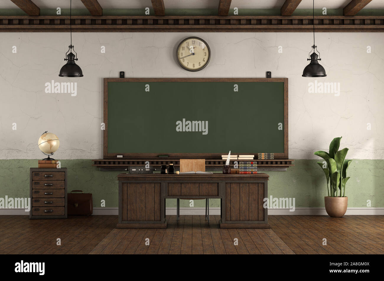 Stile retrò aula vuota con insegnante la scrivania e blackboard appeso su un vecchio muro - 3d rendering Foto Stock