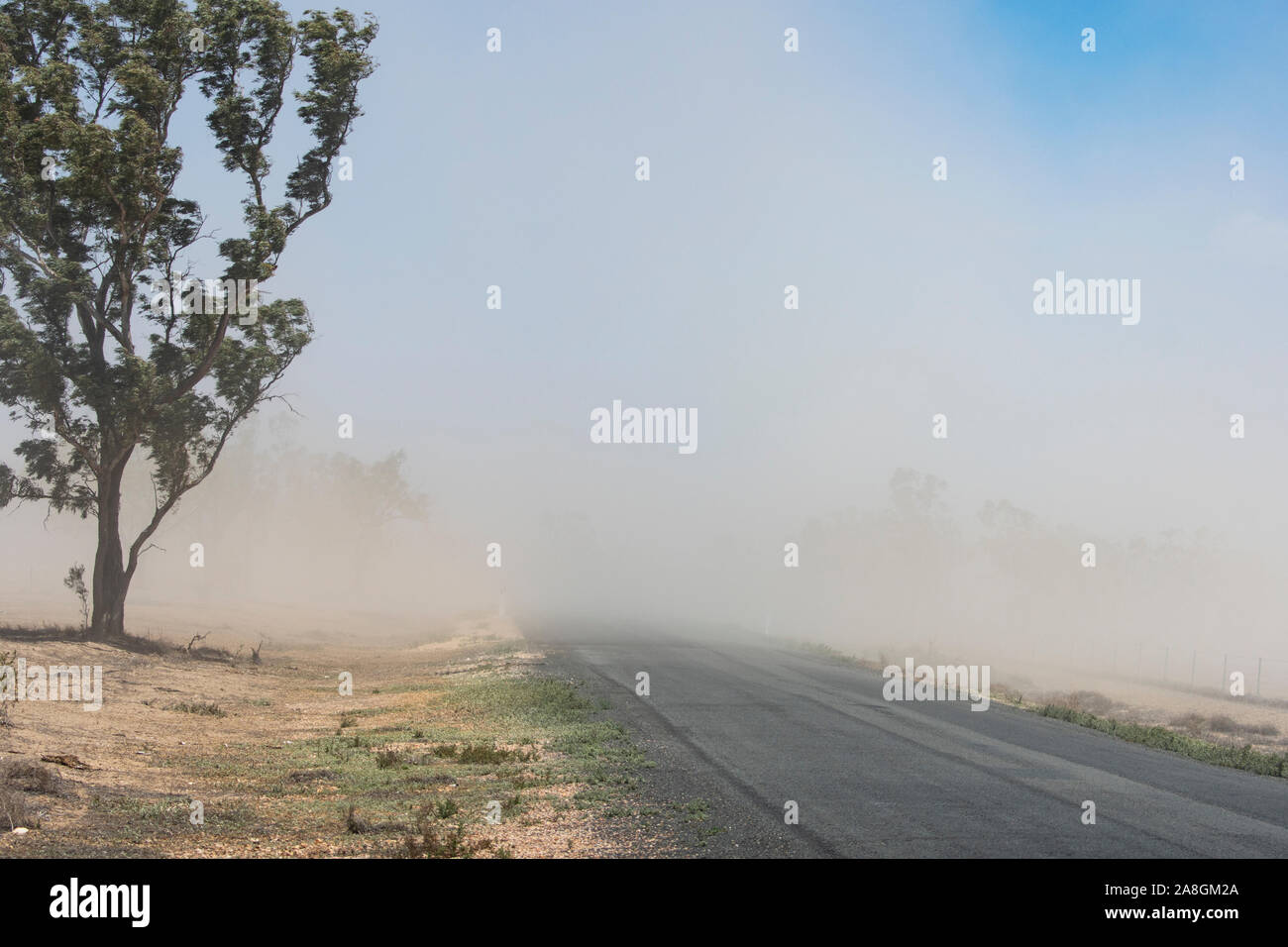 Tempesta di polvere soffiando attraverso la strada di terra è stata cancellata e viene nei periodi di siccità, vicino a Walgett, Nuovo Galles del Sud, NSW, Australia Foto Stock