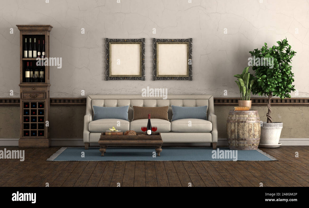 In stile retrò soggiorno con divano letto, armadio di vino e barile vecchio - il rendering 3D Foto Stock