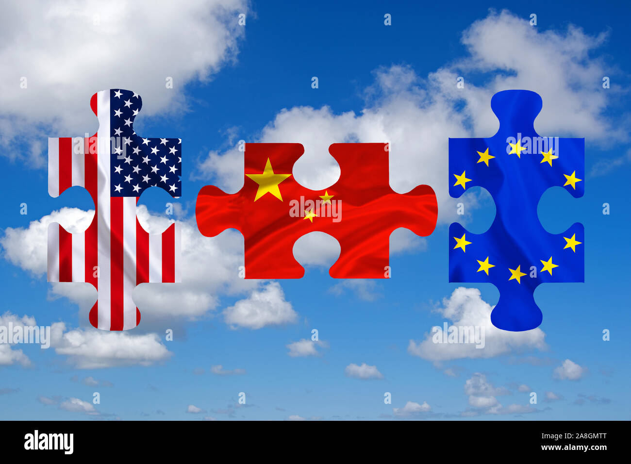 Puzzle pièces, USA, Cina Europa, Handelskrieg, Zollunion, zusammenfügen, anpassen, Zoll, Steuererhöhung, Foto Stock