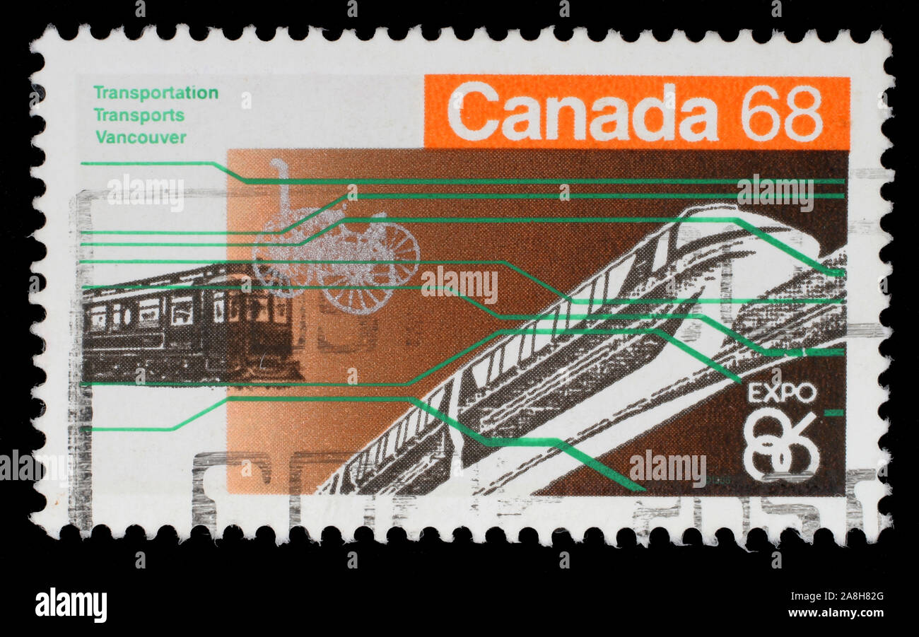 Timbro stampato in Canada dal "Expo 86 Fiera mondiale del problema" mostra il trasporto di Vancouver, circa 1986. Foto Stock
