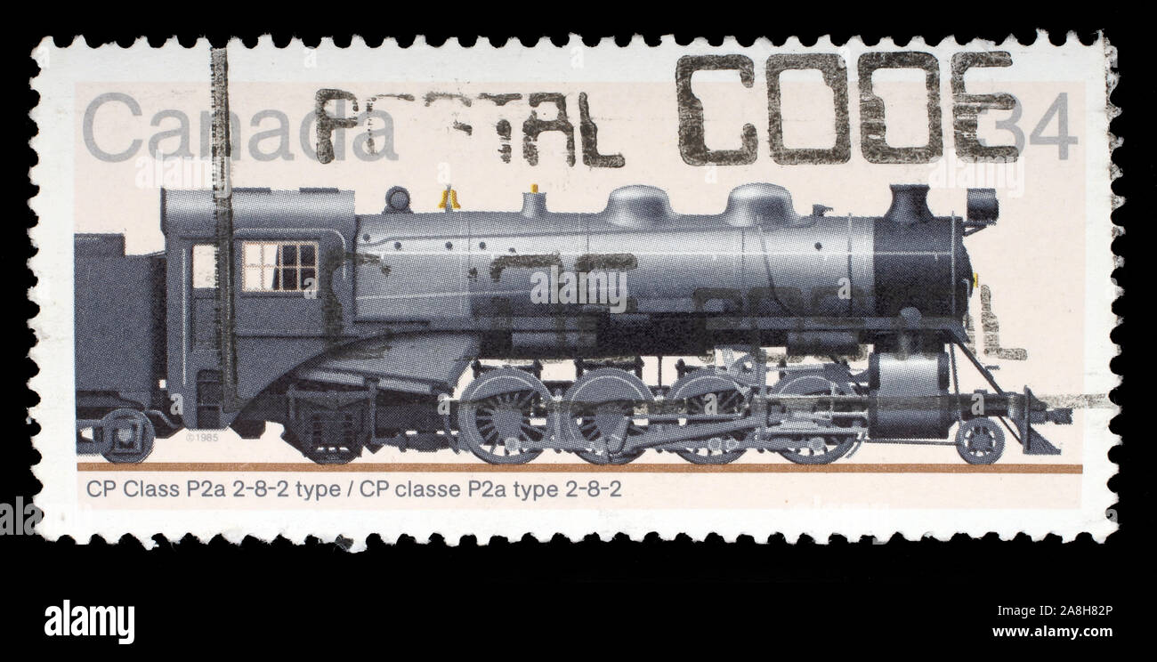 Timbro stampato dal Canada, mostra locomotiva, circa 1986 Foto Stock