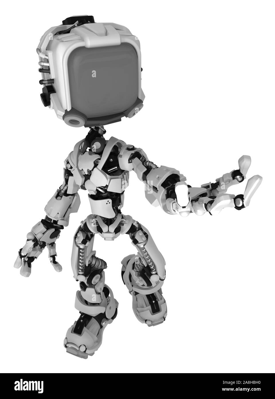 Robot schermo figura carattere pongono a mani vuote, 3d'illustrazione, orizzontale, isolato Foto Stock