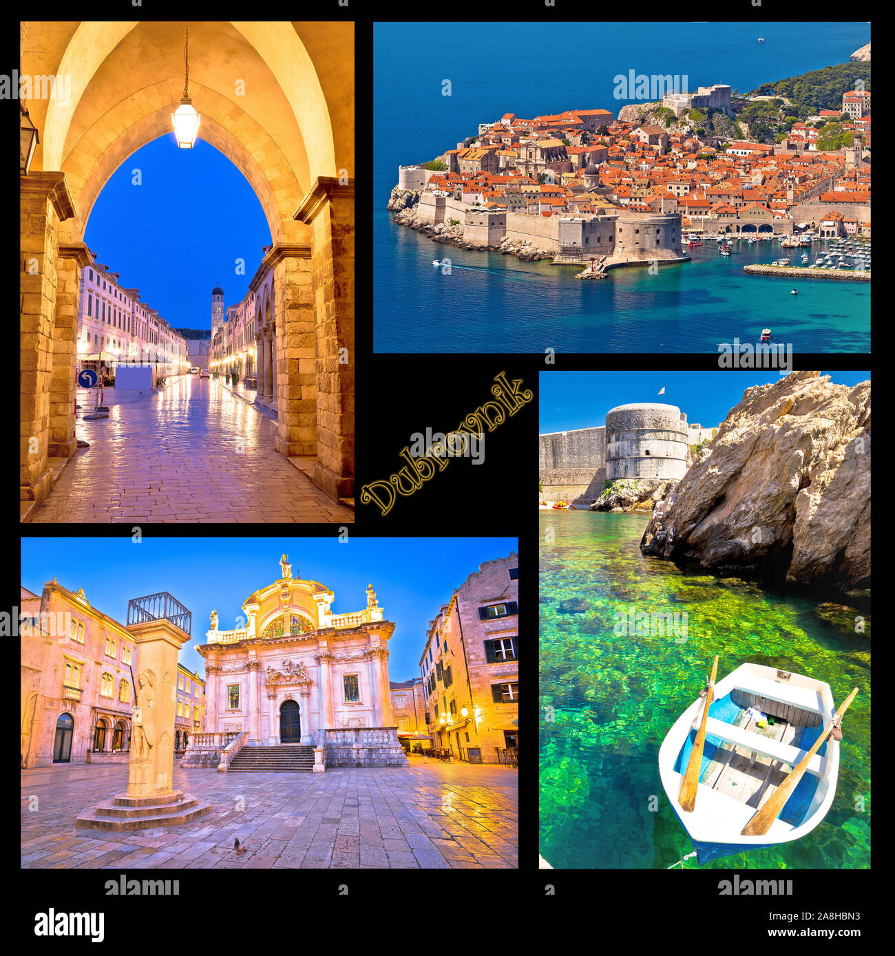 Dubrovnik cartolina collage i punti di riferimento con etichetta, famosa destinazione turistica in Dalmazia, Croazia Foto Stock