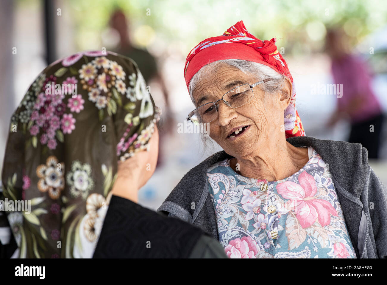 Una signora con denti mancanti e una testa di colore rosso sciarpa parla con il suo amico in un villaggio in Turchia Foto Stock