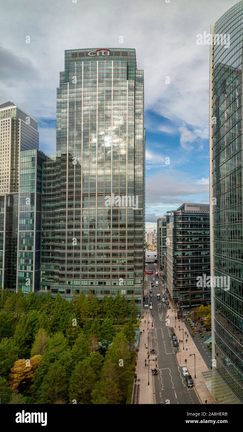 La Citibank UK, Citigroup Center, 33 Canada Square, Canary Wharf, London E14 5LB, Superiore Bank Street e il giubileo Park Foto Stock