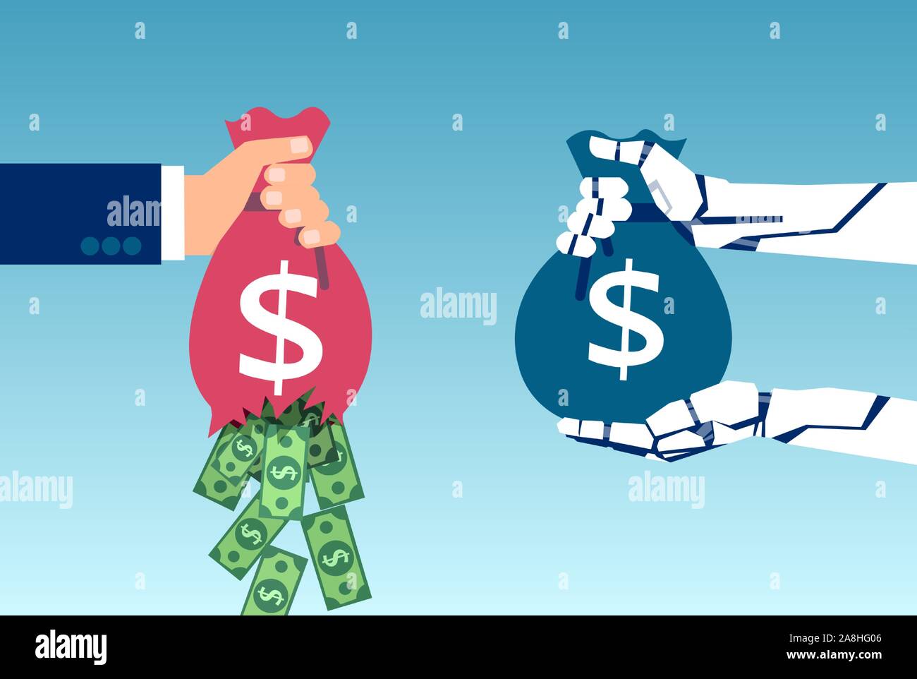 AI e business il concetto di risparmio. Vettore di una mano di robot tenendo il sacco di soldi e imprenditore perdere profitti grazie a una gestione inefficiente Illustrazione Vettoriale