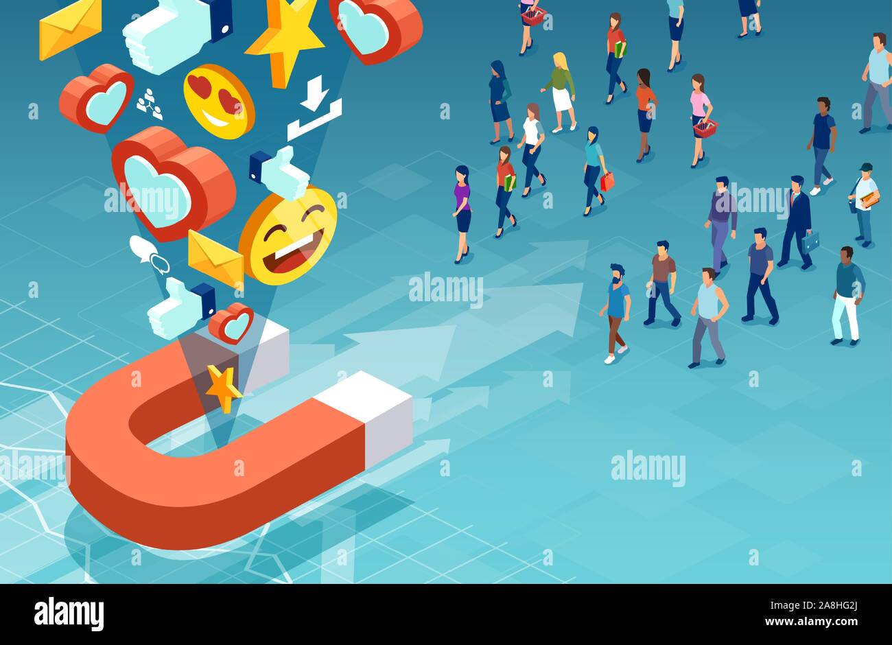 Il social media marketing e il pubblico di destinazione concetto. Vettore isometrica dei clienti gli uomini e le donne che fanno la loro scelta del prodotto Illustrazione Vettoriale