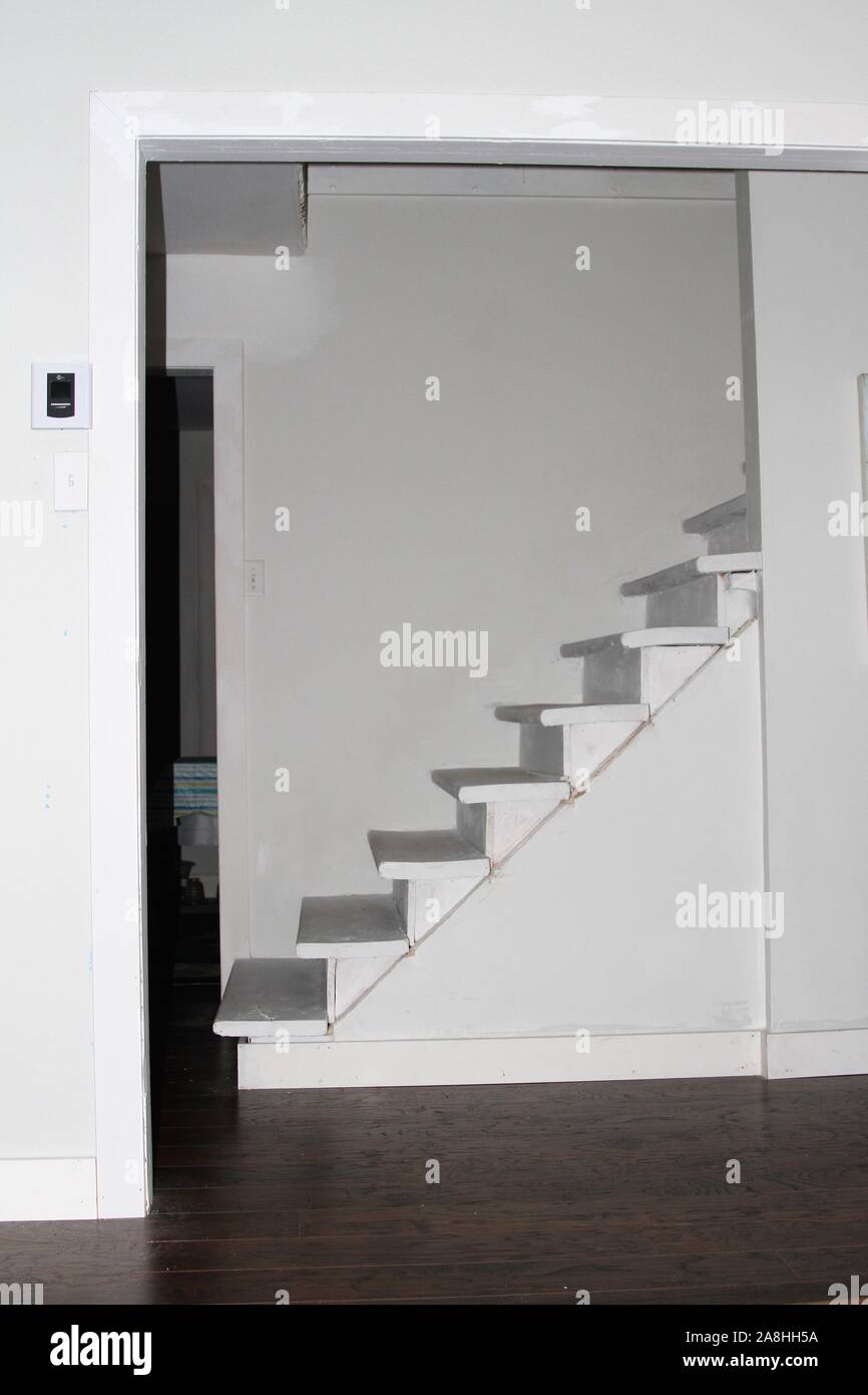 Scala di colore bianco in una casa con pavimenti scuri Foto Stock
