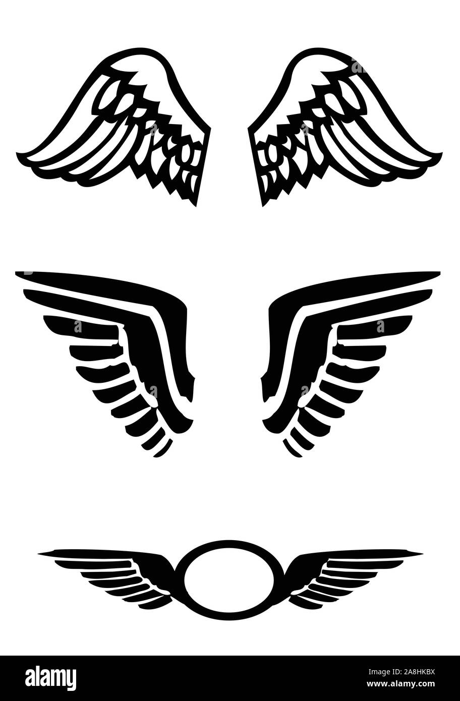 Ali Nere set di icone. Tre uccelli stilizzati ali. Isolato su sfondo bianco. Vettore disponibile. Illustrazione Vettoriale