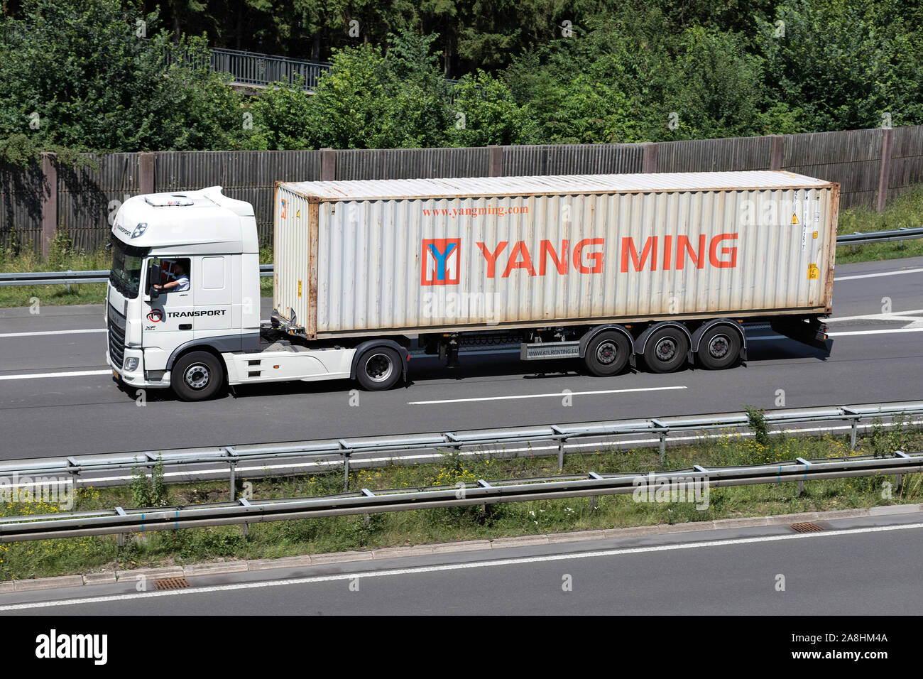 DAF XF carrello con Yang Ming contenitore su autostrada. Foto Stock