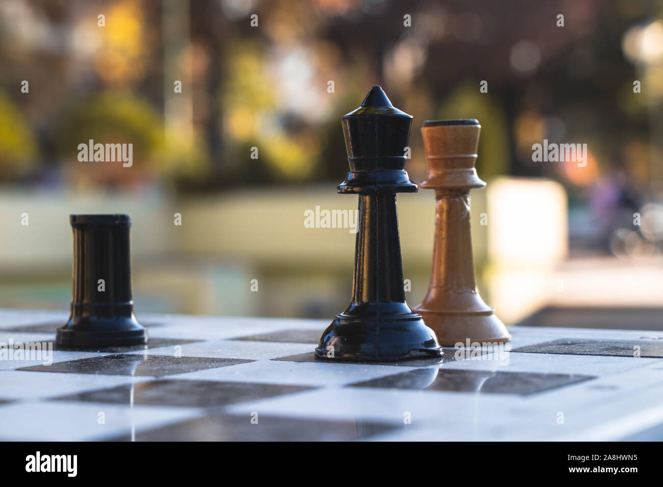 Scacco matto in una strategica partita a scacchi in un parco. Foto Stock
