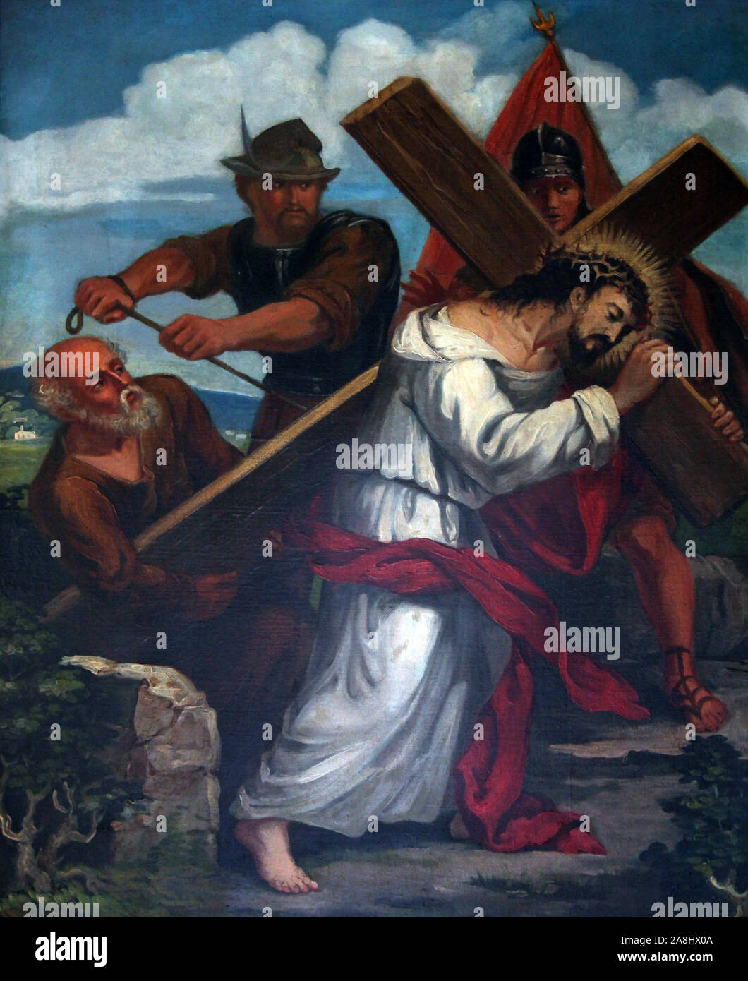 5 stazioni della Via Crucis, Simone di Cirene porta la croce, Santuario di Sant'Agata in Schmerlenbach, Germania Foto Stock