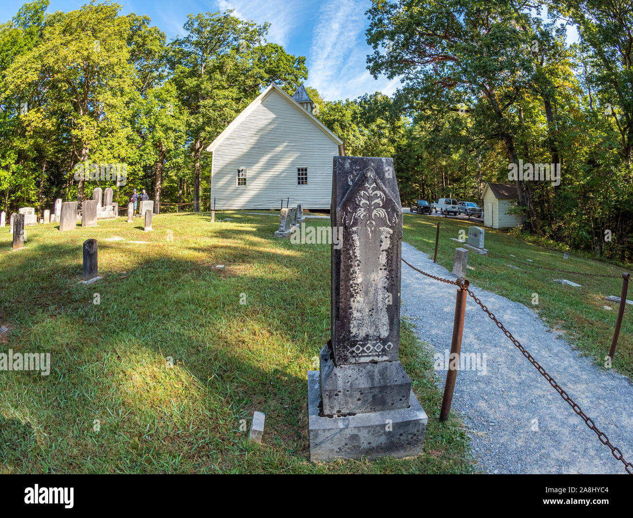 Cades Cove primitiva chiesa battista a Cades Cove nel Parco Nazionale di Great Smoky Mountains nel Tennessee negli Stati Uniti Foto Stock
