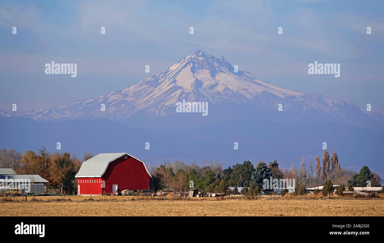 Un rosso brillante fienile su un ranch sotto le pendici del monte Jefferson, la seconda vetta più alta in Oregon, in Oregon centrale vicino alla città di Madras. Foto Stock