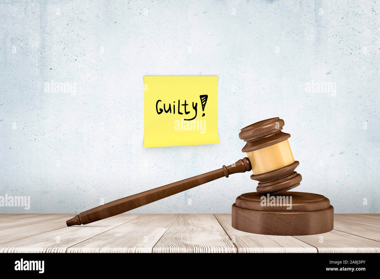 3d close-up rendering del martello sul blocco del suono su una superficie di legno vicino alla parete di cemento dove qualcuno aveva bloccato nota "colpevole" Foto Stock