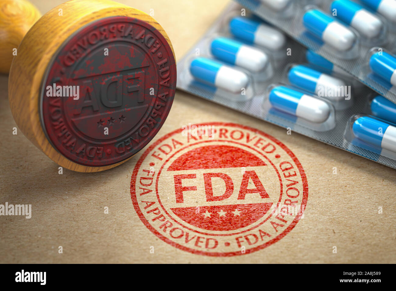 La FDA ha approvato concetto. Timbro di gomma con la FDA e pillole sulle imbarcazioni di carta. 3d illustrazione Foto Stock