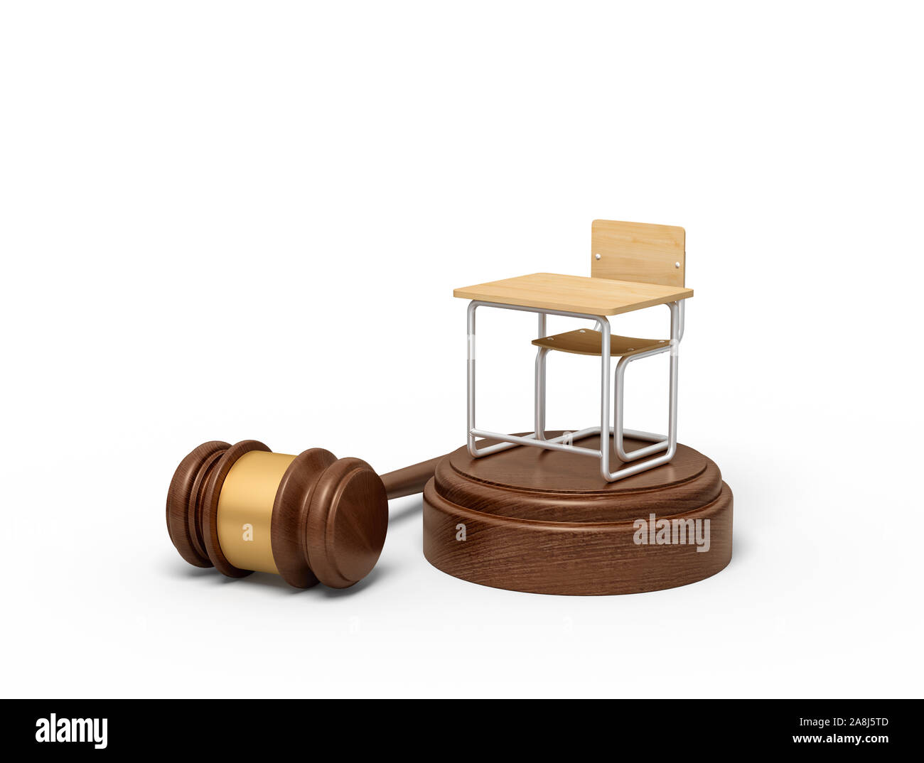 3D rendering della piccola sede singola scrivania in piedi sul marrone blocco audio con martello che giace accanto al blocco. Foto Stock