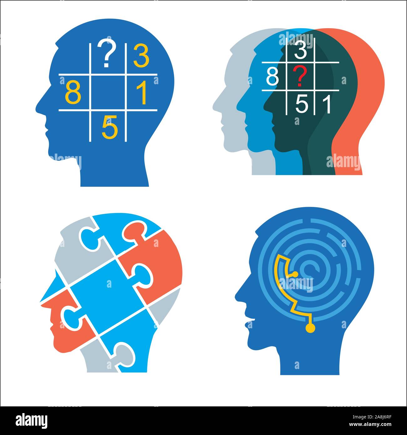 Teste di uomini con sudoku puzzle e labirinto. Quattro stilizzata testa maschio silhouette. Concetto per i test psicologici. Vettore disponibile. Illustrazione Vettoriale