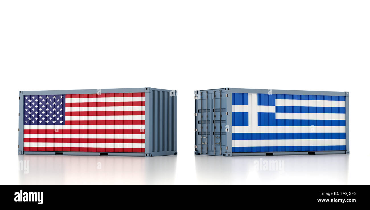 Due container con USA e Bandiera della Grecia. Il rendering 3D Foto Stock