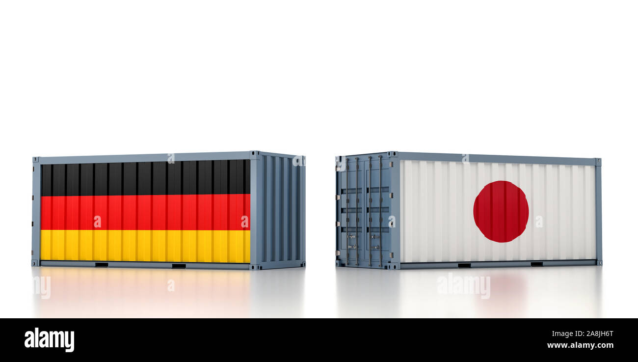 Due container con la Germania e con la bandiera del Giappone. Il rendering 3D Foto Stock